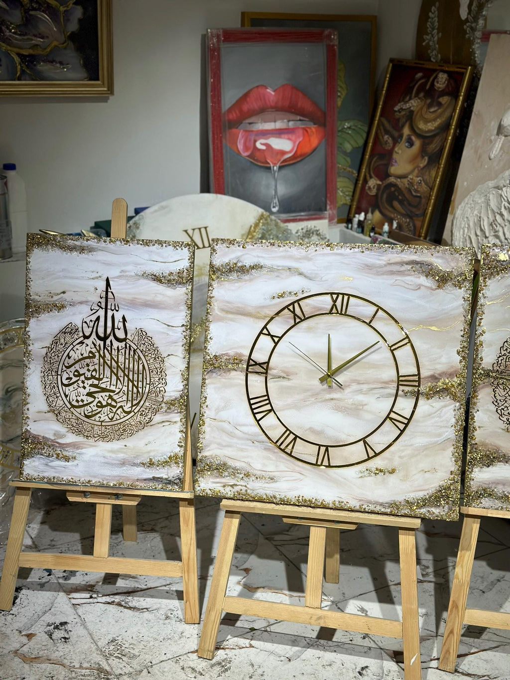 Handmade Islamic Wall Art Triptych Resin Clock | Ayatul Kursi, Al-Falaq, An-Nas | 3 Piece Set | Crushed Mirror Geode Decor | Custom Muslim