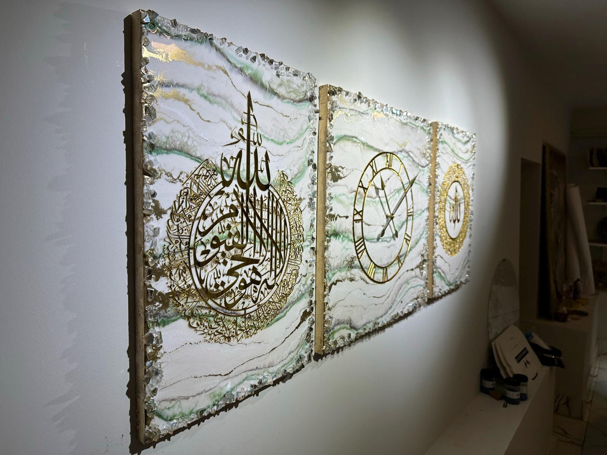 Handmade Islamic Wall Art Triptych Resin Clock | Ayatul Kursi, Al-Falaq, An-Nas | 3 Piece Set | Crushed Mirror Geode Decor | Custom Muslim