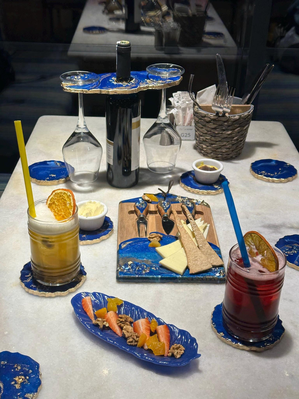 Handmade Blue Resin Wine Serving Set, Geode Coasters, Cheese Board, Wine Glass Holder & Feather Tray| Epoxy Home Gift