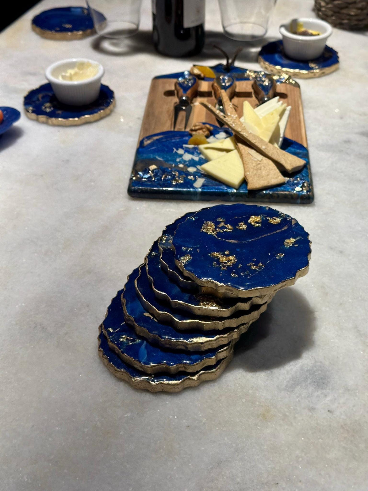 Handmade Blue Resin Wine Serving Set, Geode Coasters, Cheese Board, Wine Glass Holder & Feather Tray| Epoxy Home Gift