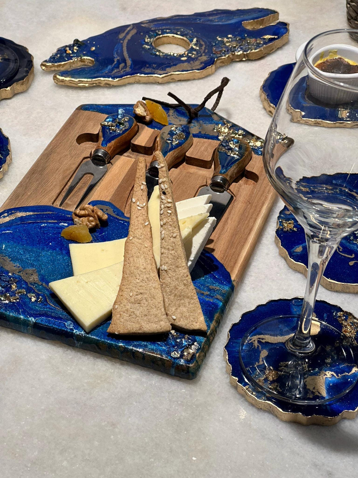 Handmade Blue Resin Wine Serving Set, Geode Coasters, Cheese Board, Wine Glass Holder & Feather Tray| Epoxy Home Gift