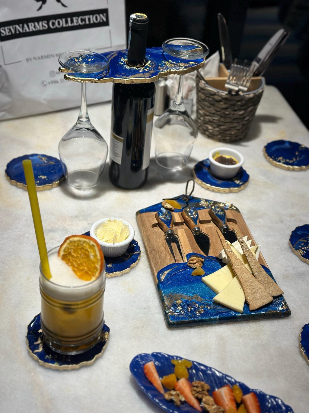 Handmade Blue Resin Wine Serving Set, Geode Coasters, Cheese Board, Wine Glass Holder & Feather Tray| Epoxy Home Gift