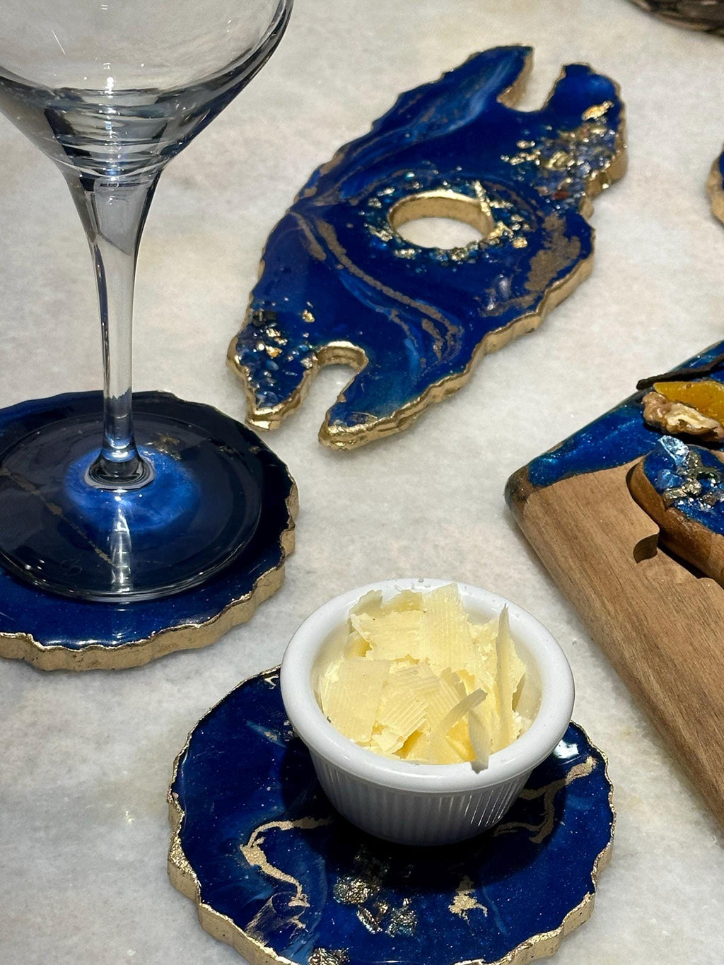 Handmade Blue Resin Wine Serving Set, Geode Coasters, Cheese Board, Wine Glass Holder & Feather Tray| Epoxy Home Gift