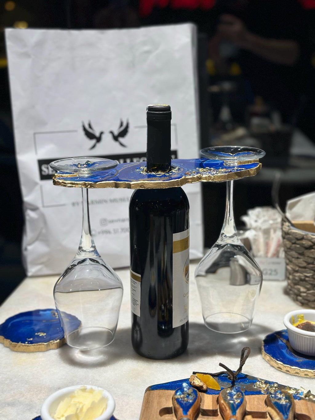 Handmade Blue Resin Wine Serving Set, Geode Coasters, Cheese Board, Wine Glass Holder & Feather Tray| Epoxy Home Gift