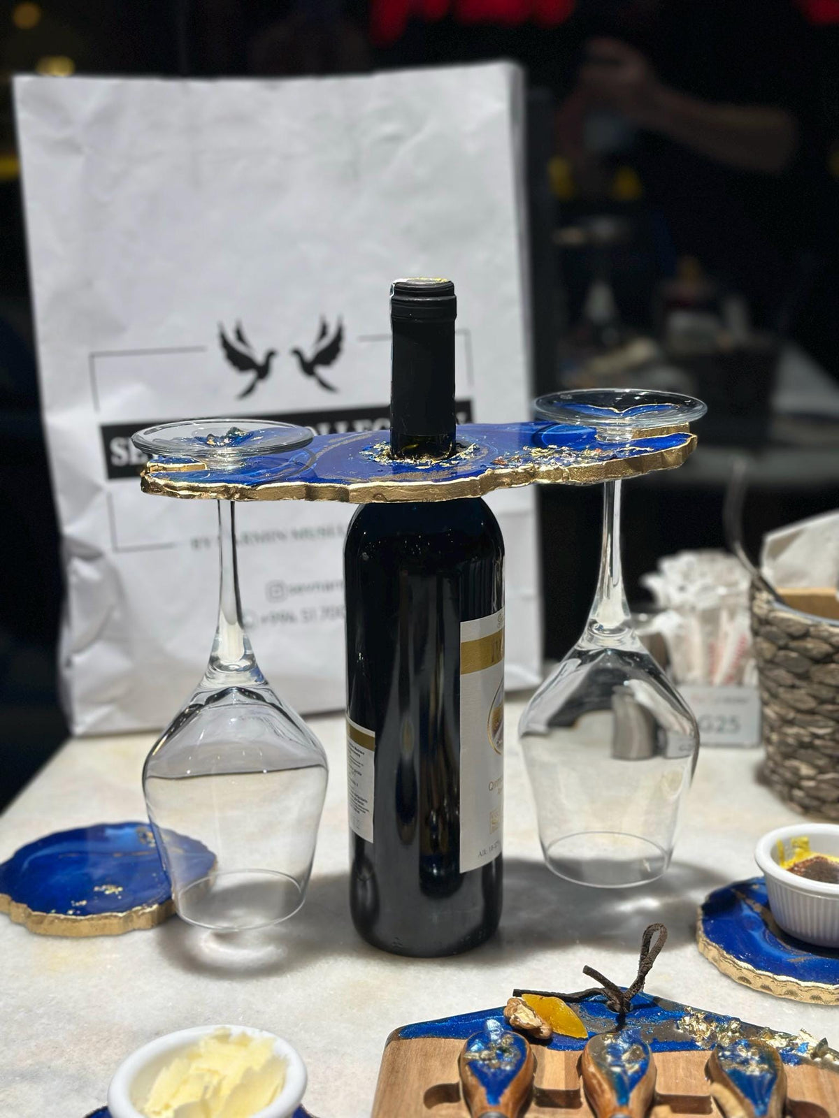 Handmade Blue Resin Wine Serving Set, Geode Coasters, Cheese Board, Wine Glass Holder & Feather Tray| Epoxy Home Gift