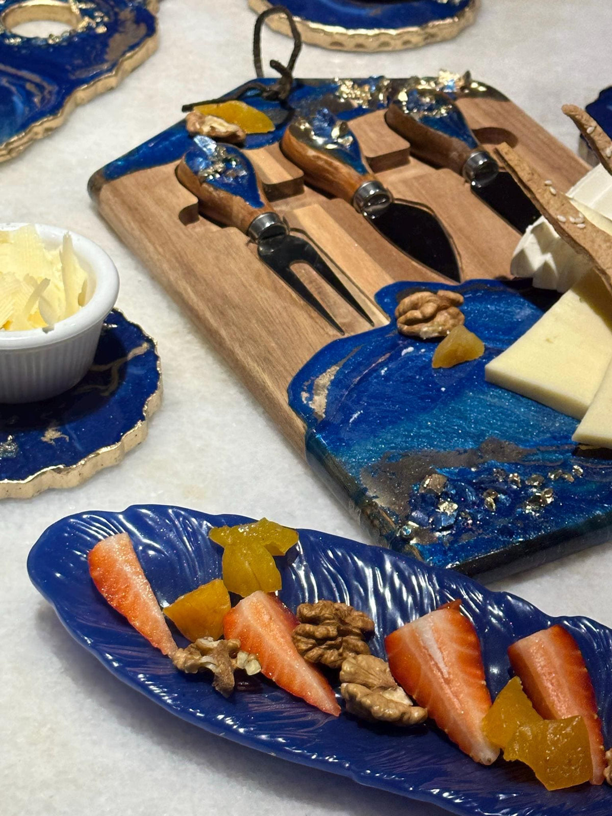 Handmade Blue Resin Wine Serving Set, Geode Coasters, Cheese Board, Wine Glass Holder & Feather Tray| Epoxy Home Gift