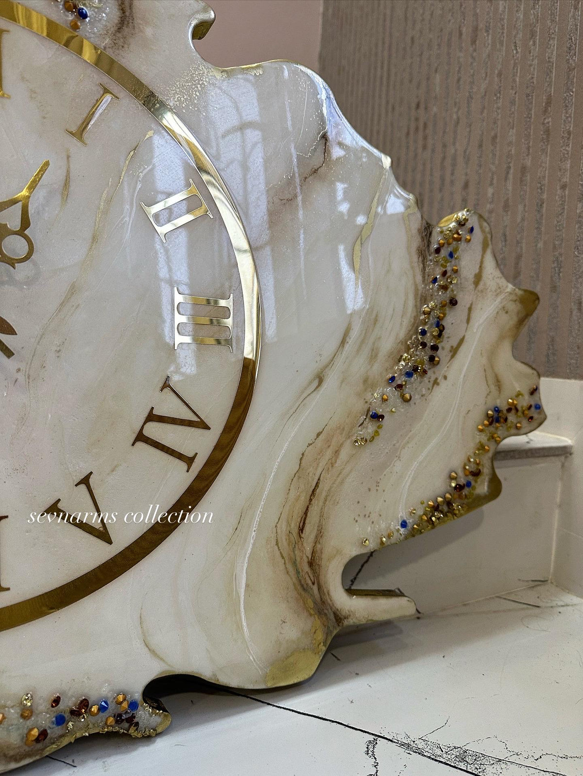 Asymmetric Geode Resin Wall Clock with Crystals, Irregular Shape Abstract Epoxy Clock, Luxury Marble Wall Art, Available in Gold & Silver