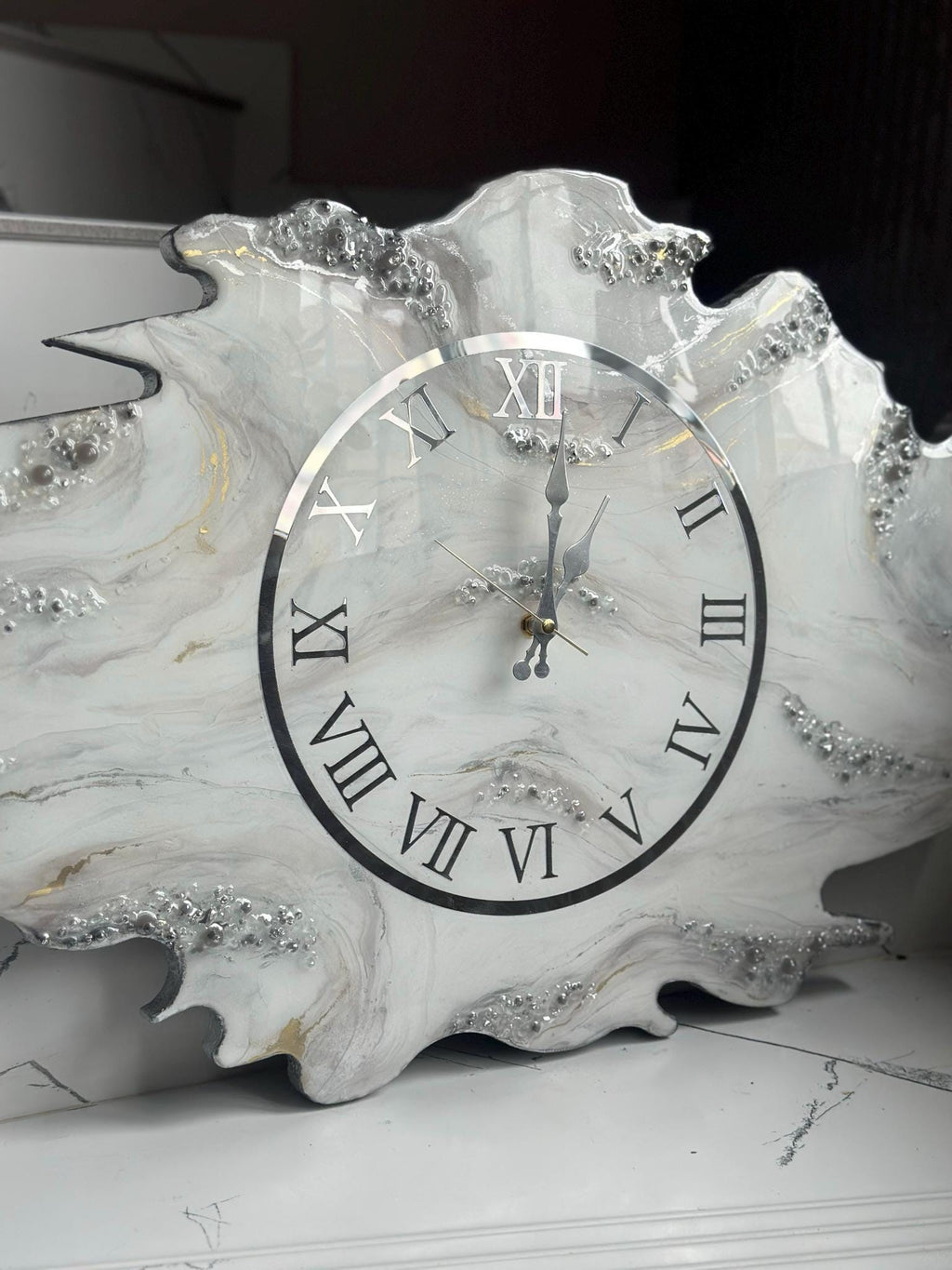 Asymmetric Geode Resin Wall Clock with Crystals, Irregular Shape Abstract Epoxy Clock, Luxury Marble Wall Art, Available in Gold & Silver