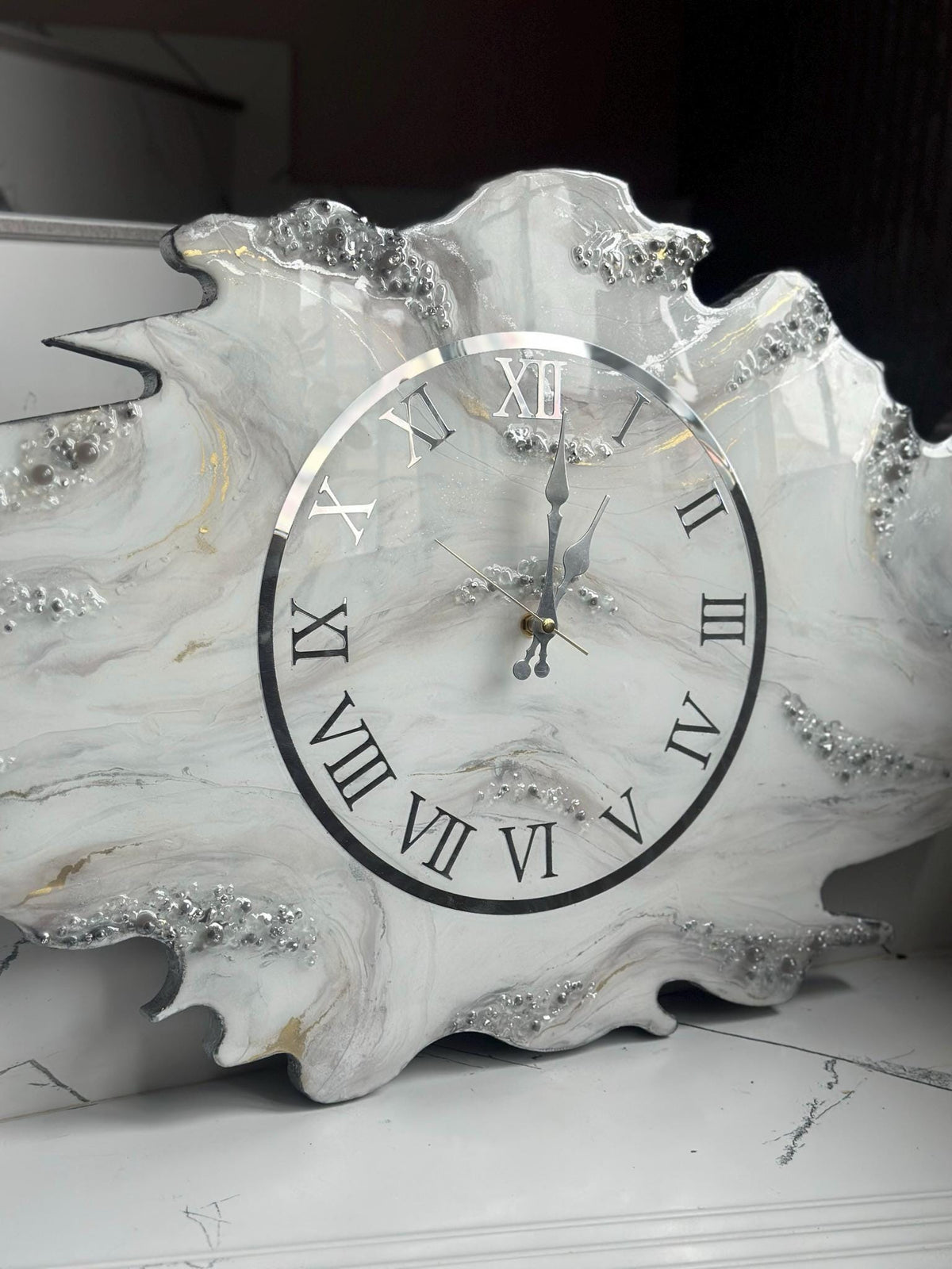Asymmetric Geode Resin Wall Clock with Crystals, Irregular Shape Abstract Epoxy Clock, Luxury Marble Wall Art, Available in Gold & Silver