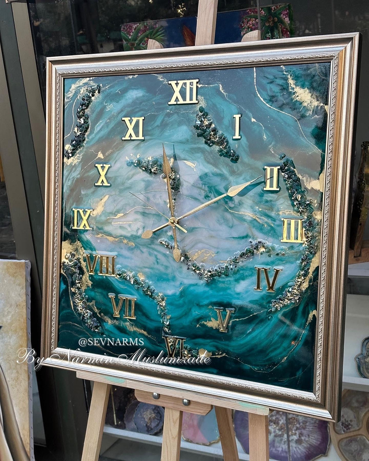 Custom Square Resin Wall Clock, Abstract Epoxy Art with Crystals & Stones, Luxury Home Decor, Available in Any Color