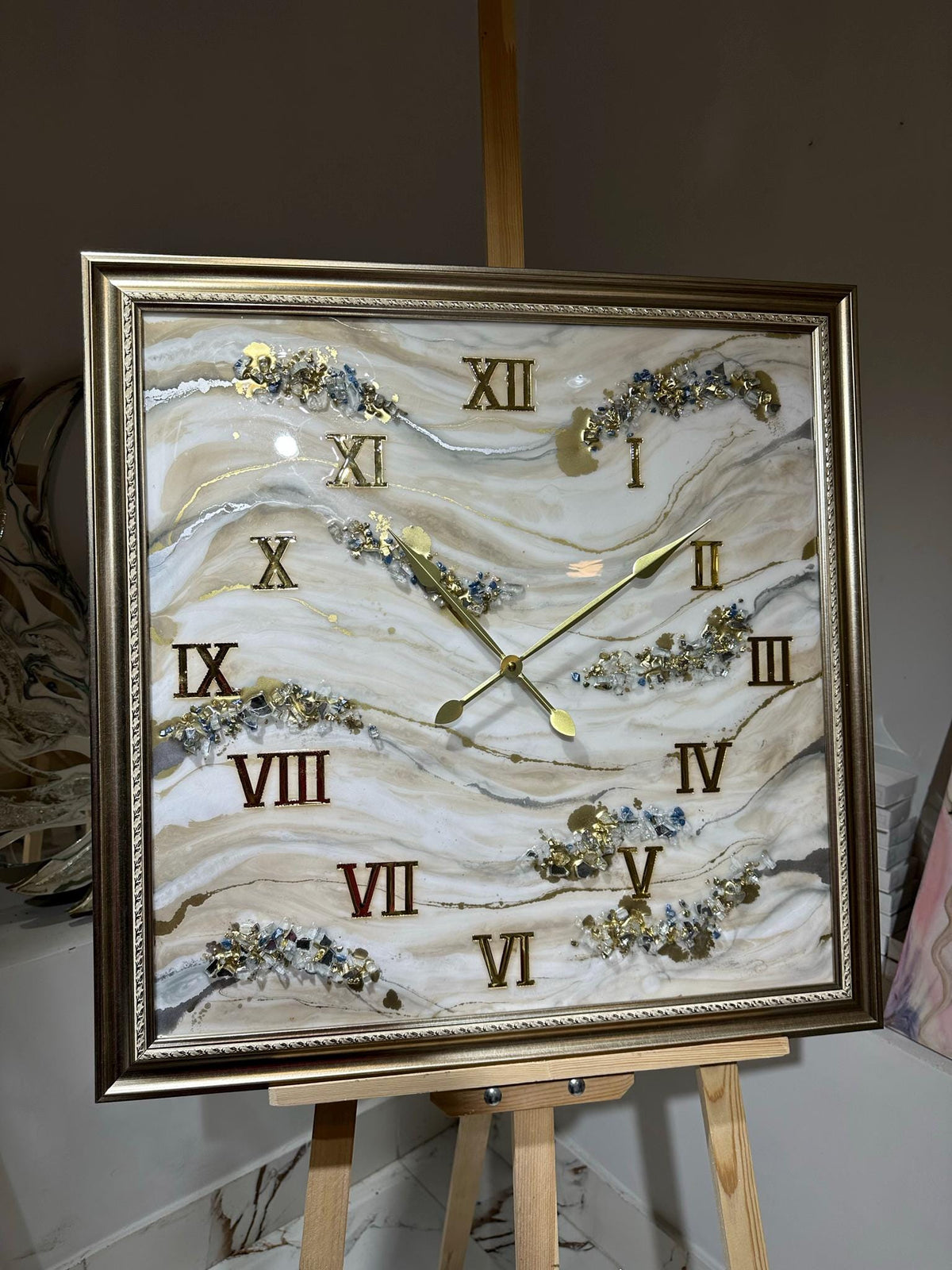 Custom Square Resin Wall Clock, Abstract Epoxy Art with Crystals & Stones, Luxury Home Decor, Available in Any Color