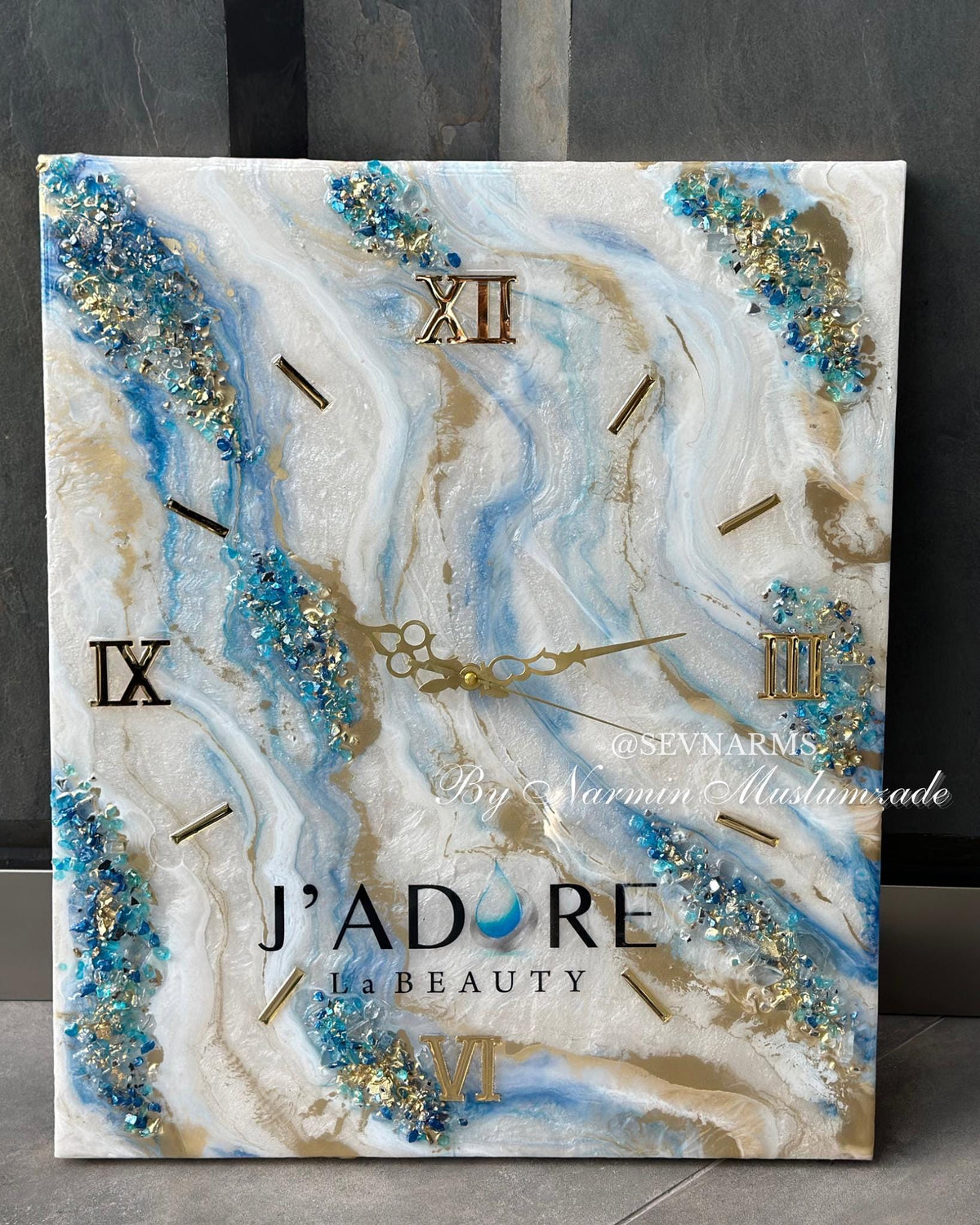 Custom Square Resin Wall Clock, Abstract Epoxy Art with Crystals & Stones, Luxury Home Decor, Available in Any Color