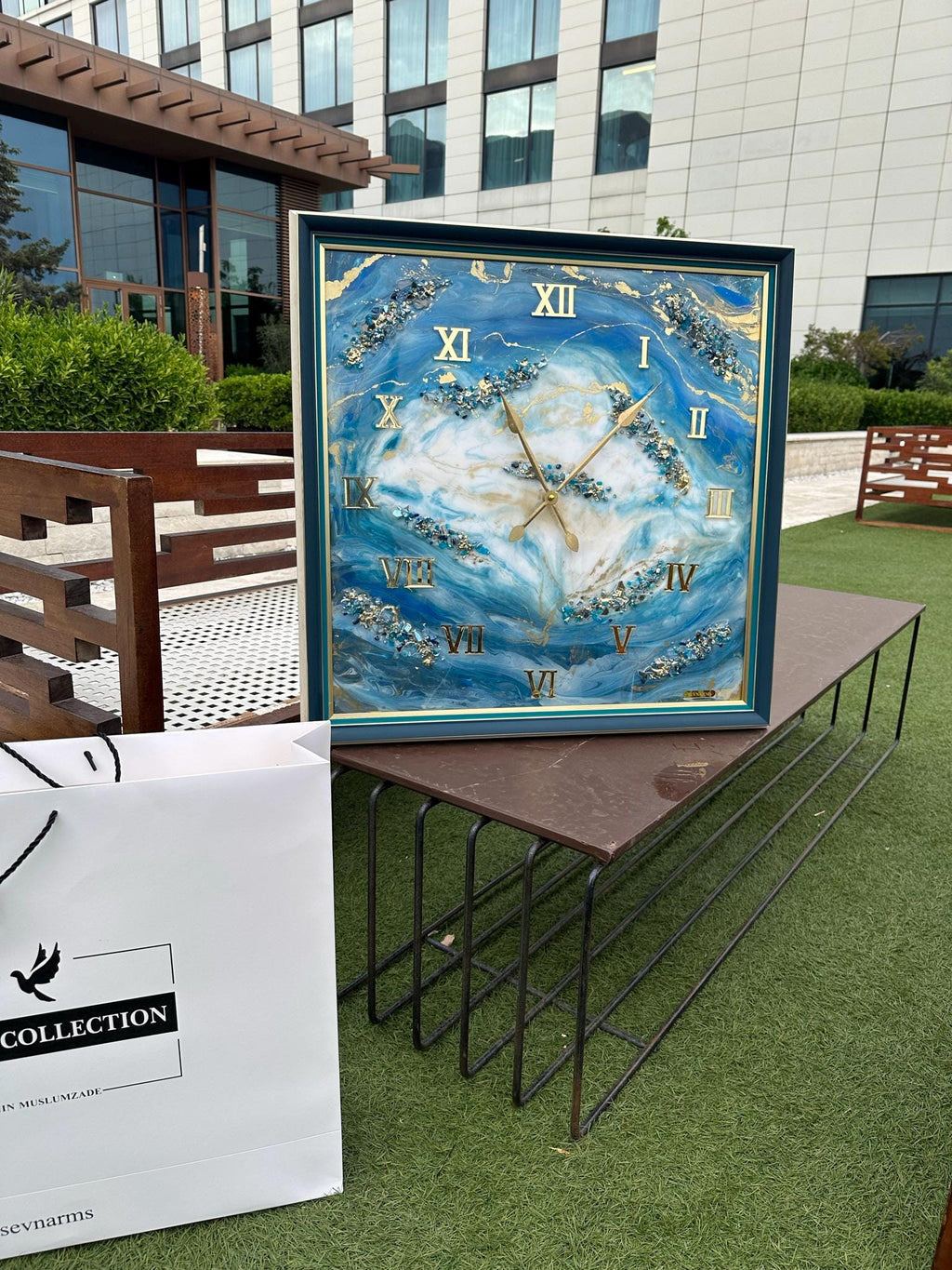 Custom Square Resin Wall Clock, Abstract Epoxy Art with Crystals & Stones, Luxury Home Decor, Available in Any Color
