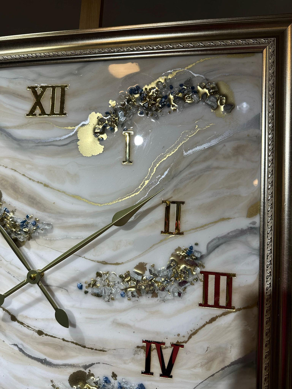 Custom Square Resin Wall Clock, Abstract Epoxy Art with Crystals & Stones, Luxury Home Decor, Available in Any Color