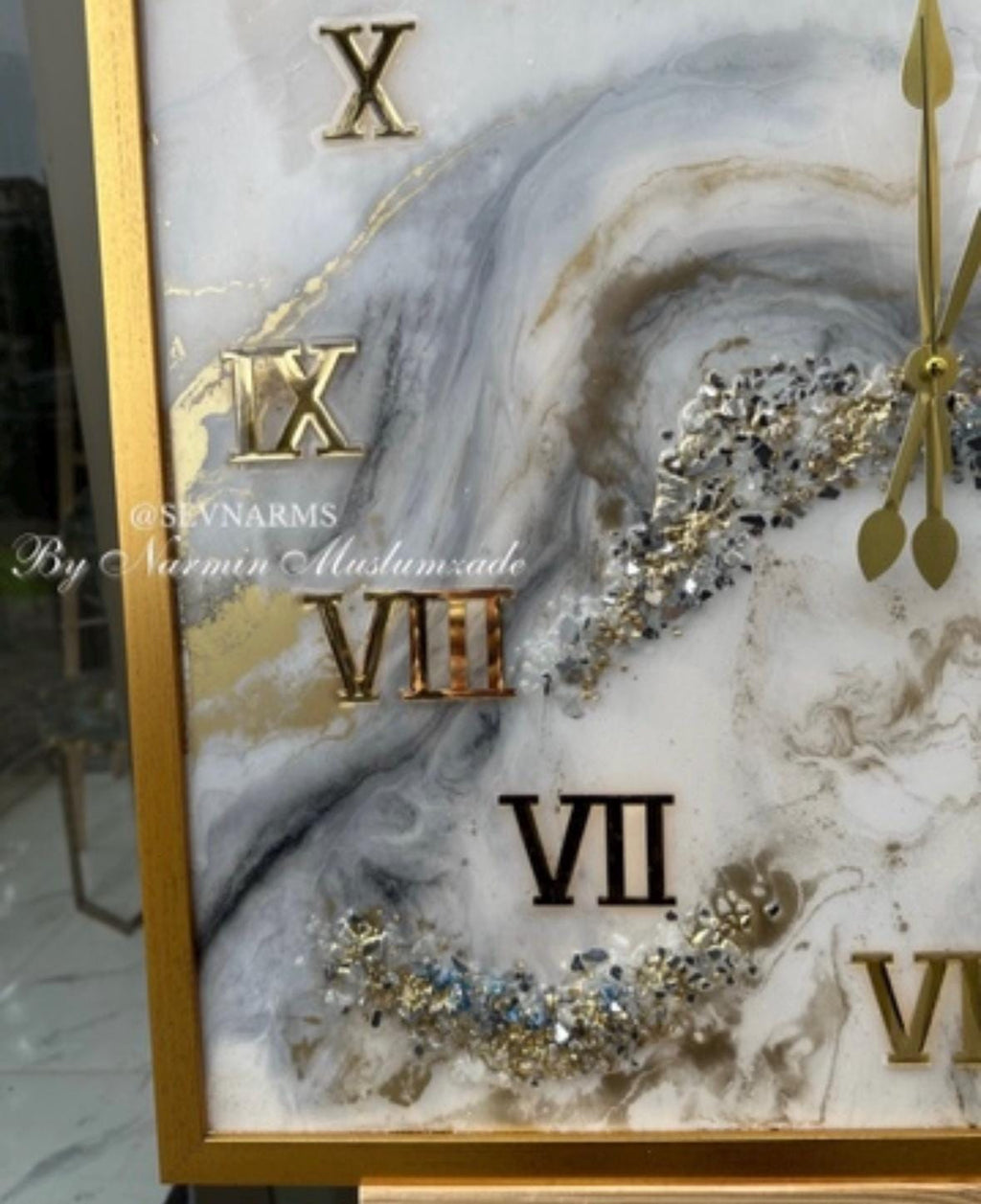 Custom Square Resin Wall Clock, Abstract Epoxy Art with Crystals & Stones, Luxury Home Decor, Available in Any Color