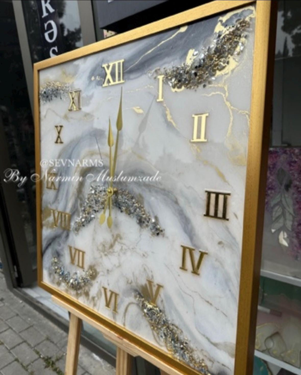 Custom Square Resin Wall Clock, Abstract Epoxy Art with Crystals & Stones, Luxury Home Decor, Available in Any Color