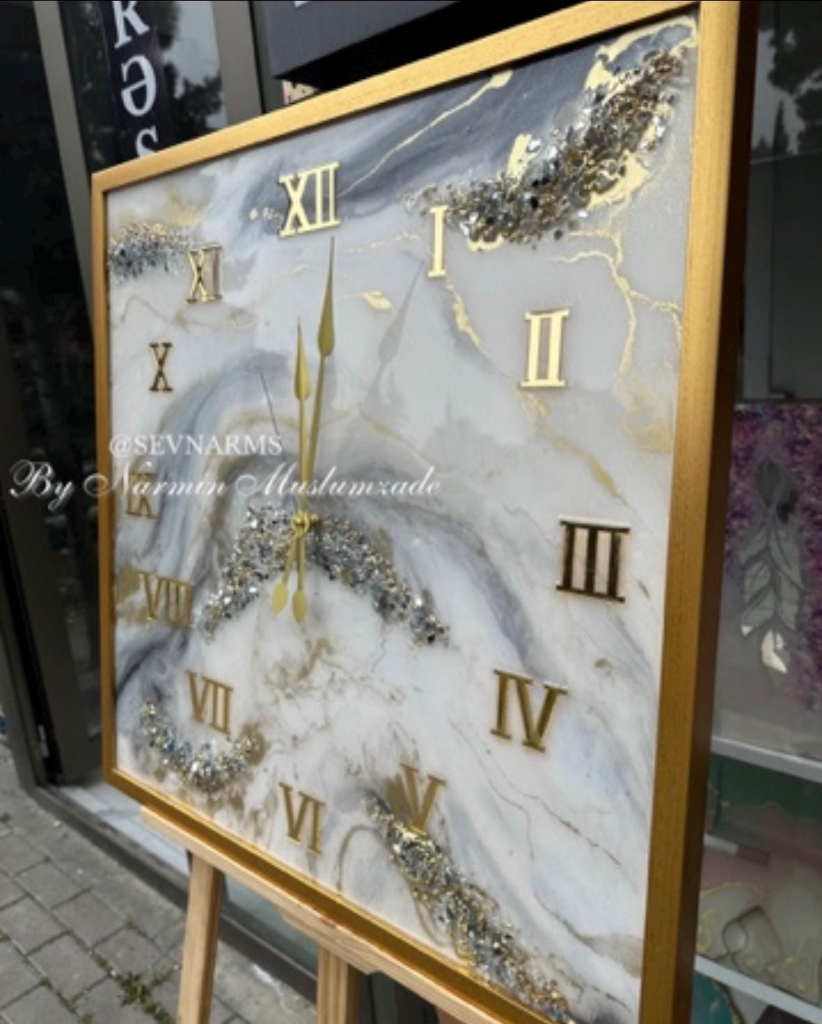 Custom Square Resin Wall Clock, Abstract Epoxy Art with Crystals & Stones, Luxury Home Decor, Available in Any Color