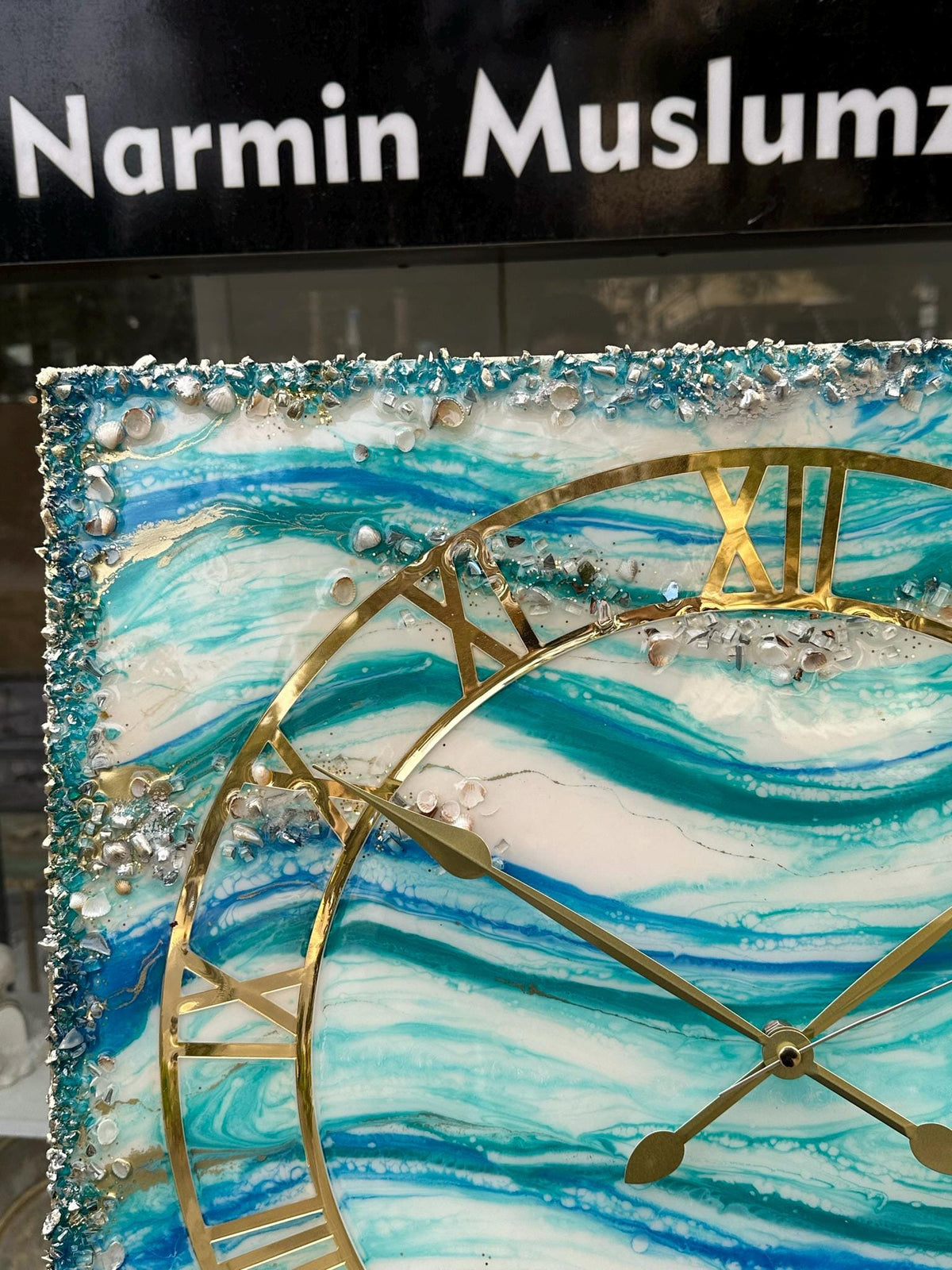 Custom Square Resin Wall Clock, Abstract Epoxy Art with Crystals & Stones, Luxury Home Decor, Available in Any Color